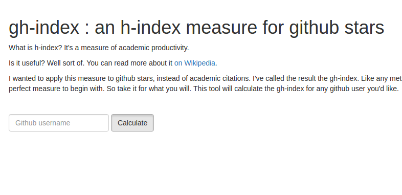 Screenshot of the gh-index webpage