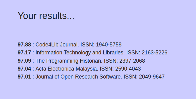 A list of results from Open Journal Matcher